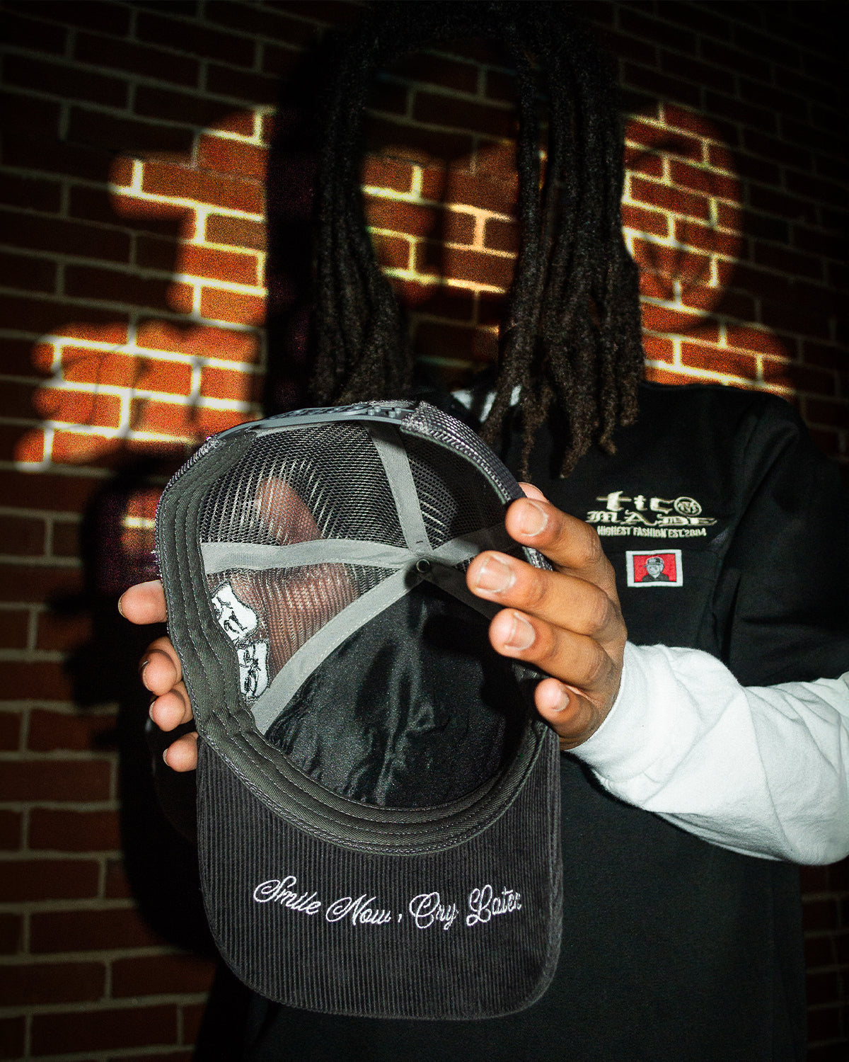 Black "Cry Later" Corduroy Trucker Hat